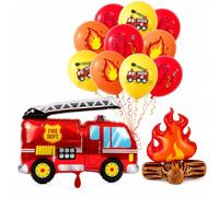 Ovanda Set di 14 palloncini con camion dei pompieri per compleanno | 12 palloncini in lattice da circa 30 cm più palloncino in pellicola a forma di auto dei pompieri da 87 x 80 cm e palloncino