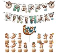 Ovanda Set di decorazioni per compleanno, ghirlanda "Happy Birthday" e 12 topper per cupcake, decorazione per torte di compleanno per bambini, feste di animali, baby shower, Sweet Table, striscione da