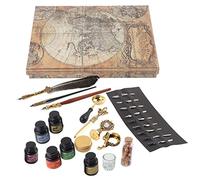 OVAQUIXI Set da Scrittura Calligrafico Vintage, 3 Penne a Immersione con Design in Vetro, Legno e Piume, 18 Pennini, Kit Sigillo di Cera, Tagliacarte, Set di Inchiostri (#4)