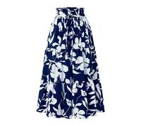 OVARA Gonna lunga da donna in stile bohémien, con stampa floreale, gonna midi a più strati, elastica a vita alta, gonna a trapezio, stile bohémien, vintage, elegante, casual, zingara, 01#blu, M