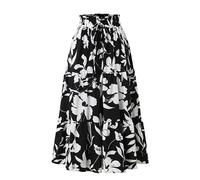 OVARA Gonna lunga da donna in stile bohémien, con stampa floreale, gonna midi a più strati, elastica a vita alta, gonna a trapezio, stile bohémien, vintage, elegante, casual, zingara, 01#BLACK, M