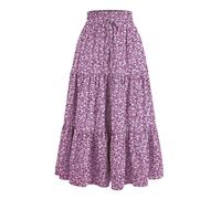 OVARA Gonna lunga da donna in stile bohémien, con stampa floreale, gonna midi a più strati, elastica a vita alta, gonna a trapezio, stile bohémien, vintage, elegante, casual, zingara, 02#viola, XL