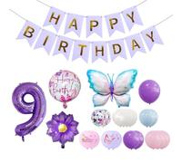 OVDGWC 2 Pezzi di Palloncino per Il 9 ° Compleanno E 1 Set di Bandiere di Compleanno, Palloncini Ad Elemento Farfalla, Palloncini per Ragazze, Decorazioni per Feste