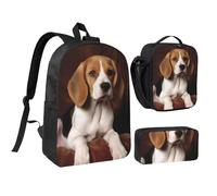 Ovely - Set di 3 zaini con cane Beagle, con portapranzo isolato, astuccio per matite, borsa leggera per computer portatile da 17 pollici, borsa per il pranzo e astuccio 3 in 1