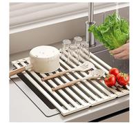 Over Sink Roll Up Dish Drying Rack, Foldable Drainer, Non-Slip Space Saver(Beige,45x34.5cm)
