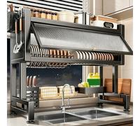 Over The Sink Dish Drying Rack, 2 Tier Carbon Steel Kitchen Sink Organizer Adjustable Height Dish Drainer, for Dishes, Pots, Spices, Cleaning Supplies(Black,93cm/36.6in)