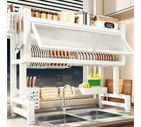 Over The Sink Dish Drying Rack, 2 Tier Carbon Steel Kitchen Sink Organizer Adjustable Height Dish Drainer, for Dishes, Pots, Spices, Cleaning Supplies(White,93cm/36.6in)