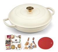 Overmont Casseruola in Ghisa - Forno Olandese Antiaderente in Rivestimento Smaltata con Coperchio - Rotonda Cocotte per Cuocere con Ricette - per Adatto a Piani di Cottura e Forni a Induzione