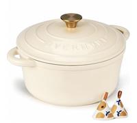 Overmont Casseruola in Ghisa Smaltata - Antiaderente Forno Olandese con Coperchio - Ø24 CM Rotonda Cocotte per Adatto a Piani di Cottura e Forni a Induzione - Bianco