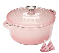 Overmont Casseruola in Ghisa Smaltata - Antiaderente Forno Olandese con Coperchio - Ø24 CM Rotonda Cocotte per Adatto a Piani di Cottura e Forni a Induzione - Rosa