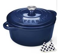 Overmont Casseruola in Ghisa Smaltata - Antiaderente Forno Olandese con Coperchio - Ø26 cm Rotonda Cocotte per Adatto a Piani di Cottura e Forni a Induzione - Blu indaco