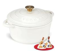 Overmont Casseruola in Ghisa Smaltata - Antiaderente Forno Olandese con Coperchio - Ø26 cm Rotonda Cocotte per Adatto a Piani di Cottura e Forni a Induzione - Perlenweiß