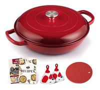 Overmont Cocotte Forno - Pentola Ghisa in Rivestimento Smaltato con Coperchio - Forno Olandese Rotondo con Ricette - per Stufare Cuocere e Preparare La Paella - 31cm 3.5L Rosso