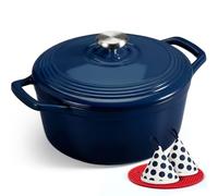 OVERMONT Cocotte per Stufare in Ghisa Smaltata con Coperchio, 24 cm, Indaco | Calore uniforme per stufare, arrostire e cuocere il pane; per tutti i piani cottura e forno fino a 260 °C, accessori inclusi
