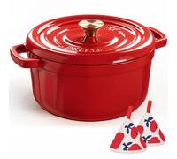 Overmont Forno olandese in ghisa smaltata - Pentola con coperchio, libro di cucina e presine in cotone, resistente per brasare, stufare, arrostire, cuocere il pane rosso