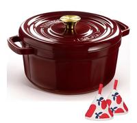Overmont Forno olandese in ghisa smaltata - Pentola con coperchio ricettario e presine in cotone - Pentole resistenti per brasare, stufati, arrostire, cuocere il pane, bordeaux