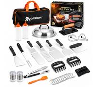 Overmont Kit di accessori per piastra da 31 pezzi, set di spatole con coperchio per imbastitura | Set di utensili per griglia con spatole ingrandite, raschietto e pinza, borsa per il trasporto, regalo
