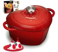 Overmont Pentola in Ghisa Smaltata a Forma di Cuore - 1.89L Casseruola con Coperchio e Libro di Ricette - Per Cucina, Forno, Stufare e Arrostire - Regalo Matrimonio e Festività - Rosso