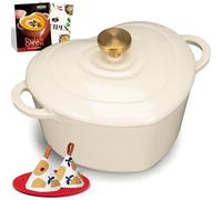 Overmont Pentola in Ghisa Smaltata a Forma di Cuore - 1.89L Casseruola con Coperchio e Libro di Ricette - Per Cucina, Forno, Stufare e Arrostire - Regalo Matrimonio e Festività - Bianco