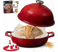 Overmont Pentola in Ghisa Smaltata per Pane - 5.7L Casseruola con Coperchio e Libro di Ricette - Per Cucina, Forno, Cuocere, Stufare e Arrostire - Rosso