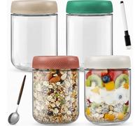 Overnight Oats - 4 vasetti per barattoli vetro con coperchio da 500 ml, con coperchio a vite, per marmellate fatte in casa, chutney, yogurt, budino, inserti, come scatole Mason Jar Meal Prep