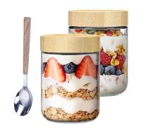 Overnight Oats Jar Confezione, 2 pezzi 500 ml Barattoli per Conserve con Coperchio a Vite, Barattoli di Vetro con Coperchio in Bambù con Cucchiaio in Acciai Inossidabili, per Frutta, Milch, Noci