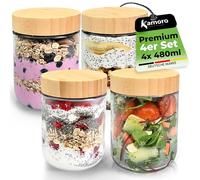 Overnight Oats - Set di 4 bicchieri ermetici con coperchio in bambù da 480 ml, ideali per Overnight Oats, bicchieri per cereali da go, porridge, yogurt e marmellata - bicchieri sostenibili Meal Prep
