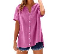 Oversize - Camicia da donna a maniche corte, da donna, taglia grande, fluida, con scollo a V con bottoni, maglietta casual di grandi dimensioni, tinta unita, casual, camicetta in cotone e lino, rosa