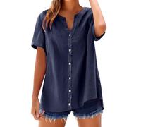 Oversize - Camicia da donna a maniche corte, da donna, taglia grande, fluida, con scollo a V con bottoni, maglietta casual di grandi dimensioni, tinta unita, casual, camicetta in cotone e lino, navy