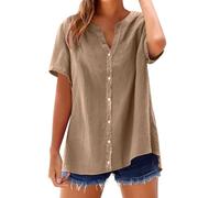 Oversize - Camicia da donna a maniche corte, da donna, taglia grande, fluida, con scollo a V con bottoni, maglietta casual di grandi dimensioni, tinta unita, casual, camicetta in cotone e lino, cachi