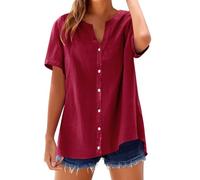 Oversize - Camicia da donna a maniche corte, da donna, taglia grande, fluida, con scollo a V con bottoni, maglietta casual di grandi dimensioni, tinta unita, casual, camicetta in cotone e lino, Vino