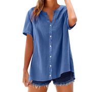Oversize - Camicia da donna a maniche corte, da donna, taglia grande, fluida, con scollo a V con bottoni, maglietta casual di grandi dimensioni, tinta unita, casual, camicetta in cotone e lino, blu, L