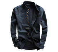 Oversize Camicia Henley in Lino Tinta Unita Stile retrò Cinese da Uomo Collo alla Coreana Maglietta T-Shirt Leggera Aderente Casual Estiva Taglie Forti Marina Militare M