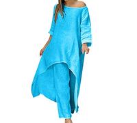 Oversize Co Ord Set Per Le Donne Plus Size Manica Lunga Abito Asimmetrico Casual Baggy Gamba Larga Pantaloni 2 Pezzi Abiti Homewear Pantaloni Eleganti Set Donna Estate Spiaggia Abiti, Blu, M