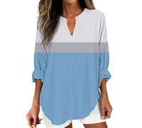 Oversize Lunga Camicia Donna Elegante Curvy Womens Cotton Linen Tops for Women Spring Summer V Neck Roll Up 3/4 Sleeve T Shirts Plain Graphic Tees Camicia Lino Donna Lunga Maniche (Sky Blue XL)