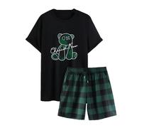 Oversize Pigiama corto da uomo, in due pezzi, in cotone, 2 pezzi, set di pigiameria, a maniche corte e pantaloncini a quadri, set estivo per il tempo libero, set casual, verde, XXXXXL