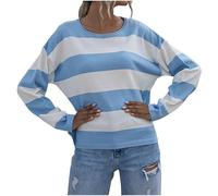 Oversize Shirt da donna a maniche lunghe, a righe, con scollo a U, a righe, a righe, Blu, L