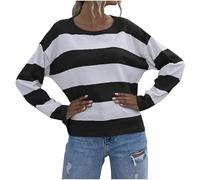 Oversize Shirt da donna a maniche lunghe, a righe, con scollo a U, a righe, a righe, Nero , L