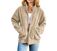 Oversized Jacket For Women Full Zip Stand Collar Long Sleeve With Pockets | Full Zip Front Stand Collar Oversized Shape Long Sleeves Functional Pockets Simple Layering For Casual Daily Looks