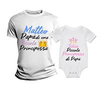 Overthetee Coppia Tshirt e Body Padre e Figlia [PERSONALIZZA Nome] - papà di Una picola Principessa - Piccola Principessa di papà - Coppia Tshirt Uomo e Bimbo - Idea Regalo Famiglia - Idea Regalo