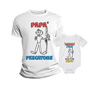 Overthetee Coppia Tshirt papà e Body Figlio - papà Pescatore - Festa del papà - da Grande Sarò Un Pescatore Figo Come Il Mio papà - Body Neonato - Idea Regalo papà