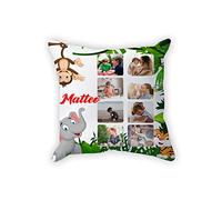 Overthetee Cuscino Neonato FOTOGRAFIE e NOME Personalizzabili - Maschietto - Cuscini da Divano 40X40 CM - Giungla - Animali Simpatici - Scimmietta - Elefantino - Collage - Neomamma Regalo