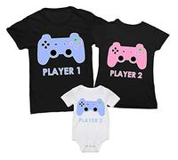 Overthetee Tris T-Shirt e Body Coordinato Famiglia - Player 1 - Player 2 - Player 3 - Videogame - Tshirt Mamma Papà e Figlio - Tris di Tshirt - Body Neonato - Idea Regalo
