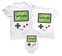Overthetee Tris T-Shirt e Body Coordinato Famiglia - Retro Game - Videogame - Game Dad - Game Mom - Game Baby - Tshirt Mamma papà e Figlio - Tris di Tshirt - Body Neonato - Idea Regalo
