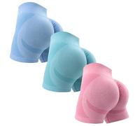 OVESPORT Pantaloncini da Allenamento da Donna, 3 Pezzi, Senza Cuciture, per Sollevamento del Sedere, a Vita Alta, per Yoga, Palestra, Corsa, Pantaloni Corti, S