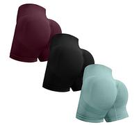 OVESPORT Pantaloncini da Allenamento da Donna, 3 Pezzi, Senza Cuciture, per Sollevamento del Sedere, a Vita Alta, per Yoga, Palestra, bottino, Corsa, Pantaloni Corti