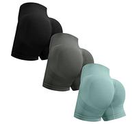 OVESPORT Pantaloncini da Allenamento da Donna, 3 Pezzi, Senza Cuciture, per Sollevamento del Sedere, a Vita Alta, per Yoga, Palestra, Corsa, Pantaloni Corti, L