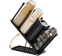 Ovicar Porta tazze e coperchio, organizer regolabile per tazze da caffè, 4 scomparti, dispenser per tazze usa e getta con cannuccia per caffè, bar, bancone e sala breakroom, in metallo, nero