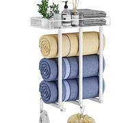OVICAR Portasciugamani per bagno - Portasciugamani da parete con ripiano in metallo e 3 ganci, 3 barre porta asciugamani da parete per piccolo bagno, organizer per asciugamani arrotolati (bianco)