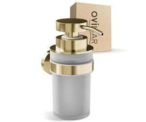 ovimar Distributore di sapone Akrasanden Gold | con supporto a parete per foratura | in acciaio inox e vetro | apertura extra large facile da riempire | per bagno o cucina | Dosatore disinfettante
